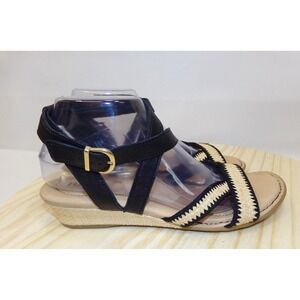 Born Cascade Sandals CQL18 Womens Black Tan Size 9 Strappy Ankle‎ Wedge